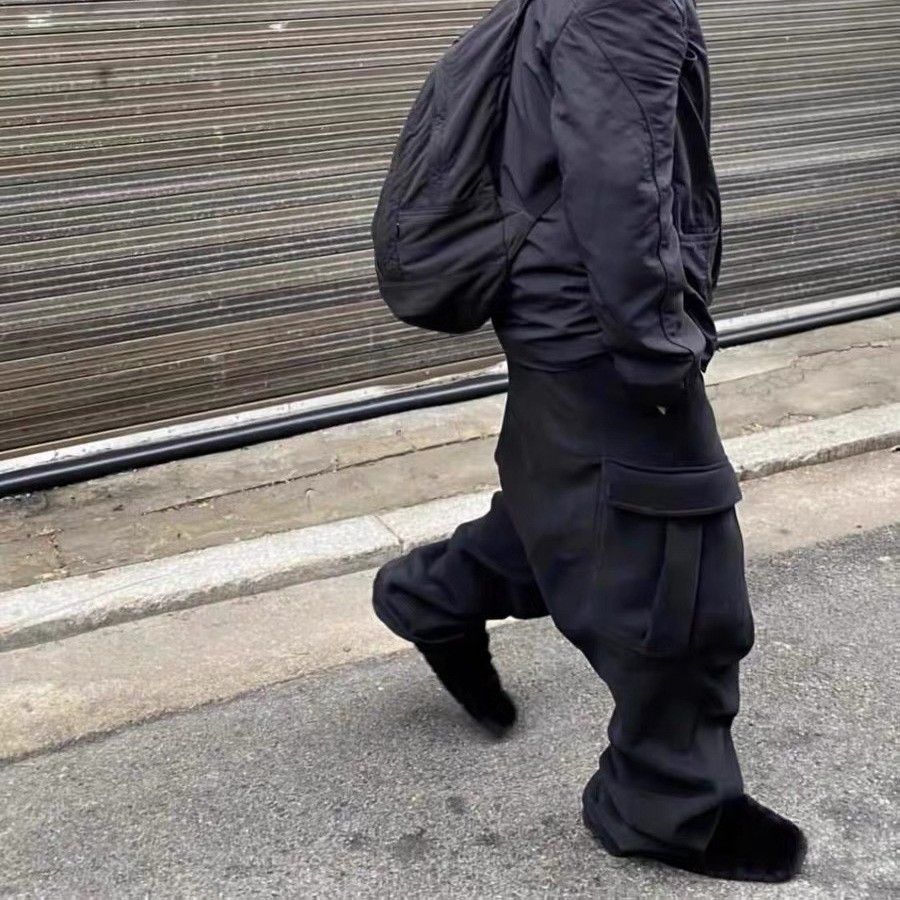 FAR OVERSIZED CARGO perfilado bolsillo grande pantalon suelto rodilla pliegue recto pantalones casuales negros