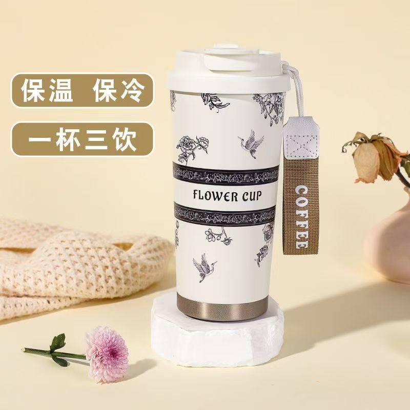 铃兰保温杯男女不锈钢内胆车载双饮咖啡吸管泡茶水分离水杯批发