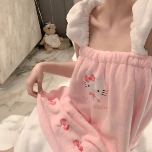 Pink Girly Cute Suspender Bath Skirt for Women Japanese Style Hellokitty Double Shoulder Strap Plush Bath Towel Bath Robe