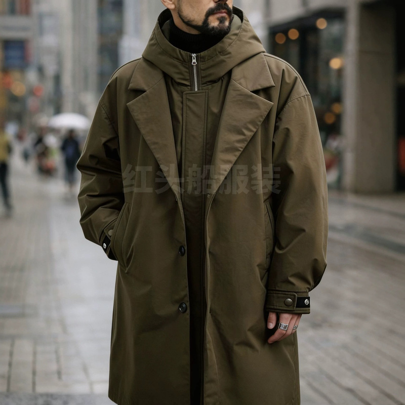 European and American men's jacket, high-end casual hooded coat, vintage faux two-piece cardigan trench coat, foreign trade cross-border men's clothing European and American men's jacket, high-end casual hooded coat, vintage faux two-piece cardigan trench coat, foreign trade cross-border men's clothing