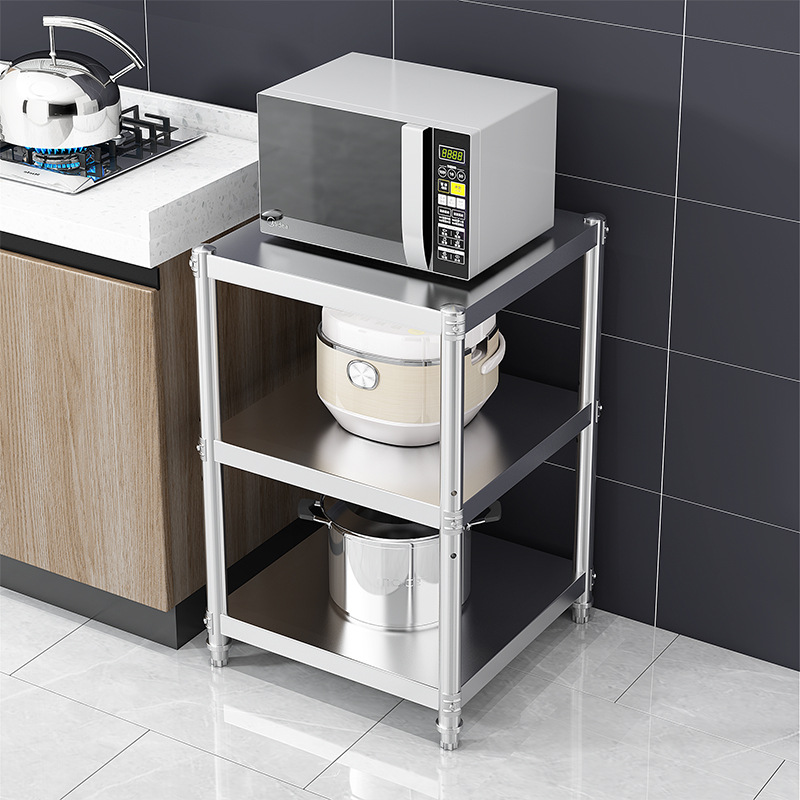 Stainless steel kitchen storage rack floor microwave oven storage oven three-layer square stand home storage small shelf