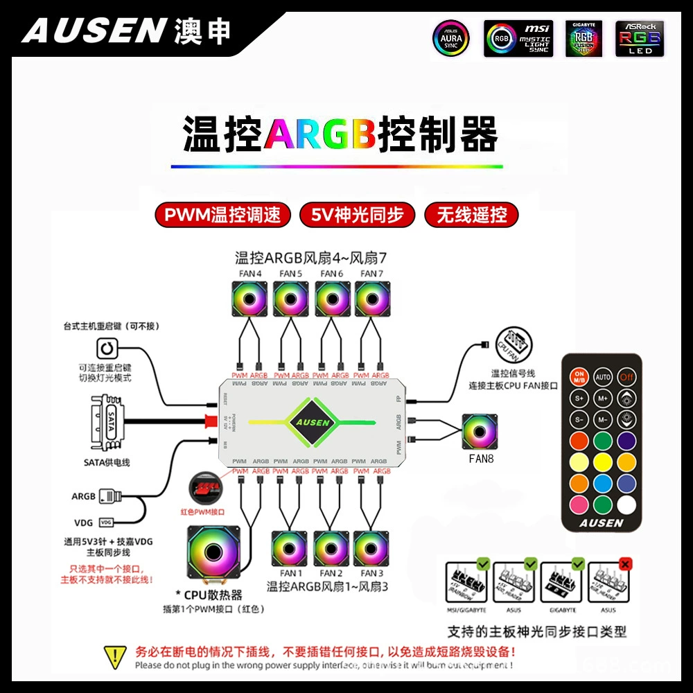 ARGB controller (AUSEN) 5V 3‑pin, PWM fan control, temperature‑sensing hub, wireless remote