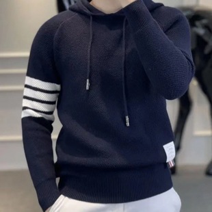 Autumn and Winter Long-Sleeved Contrast Stripesd Hooded Knitwear for Men New Men's Handsome Sweatshirt Trendyy Knitted Knitwear for Men