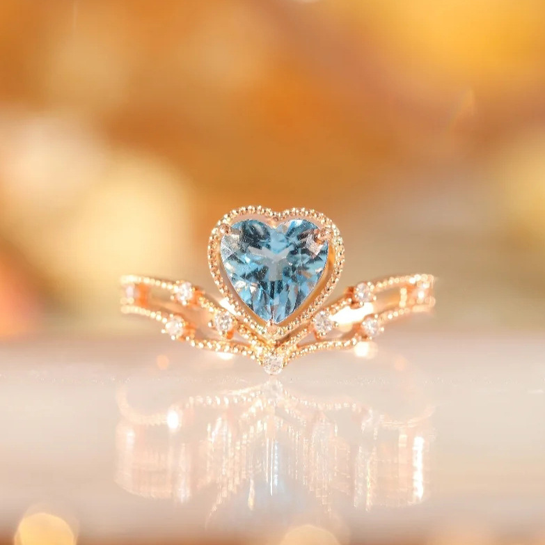 Tik Tok Live Stream Drainage Welfare Colored Gems Open Ring Ins Wind Saint Mary Topaz Blue Love Heart Ring For Women display picture 1
