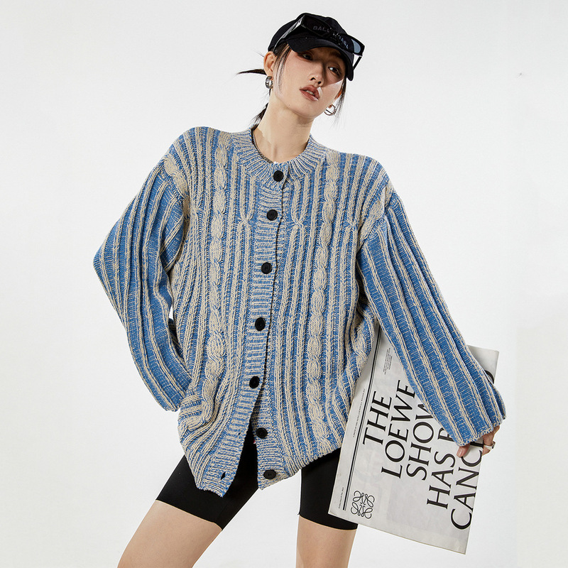 American Style Retro Twist Rope Old Design Sense Cardigan Sweater for Men and Women Couples High Street Imitation Denim Sweater Coat Winter