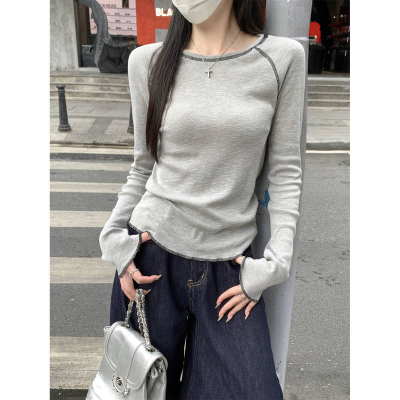 Korean Style Slim-Fit Round Neck Raglan Reverse-Stitch Design Long-Sleeve T-Shirt for Women, Spring and Autumn 2026 Base Shirt Top