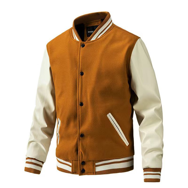 Men's Spring and Autumn Woolen Quilted Baseball Collar Jacket with Color-Blocking, Large Size, New Cross-Border Model