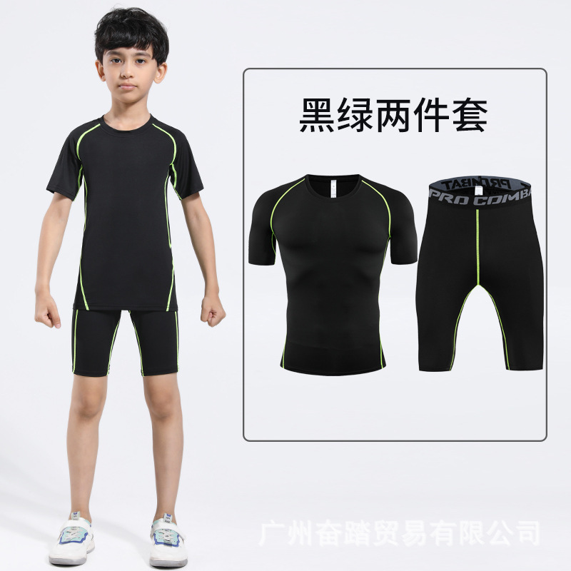 Summer Children's Short-Sleeved Bodysuit Set Sports Fitness Clothing Five-Point Pants Quick-Drying Running Elastic Clothing Breathable and Quick-Drying