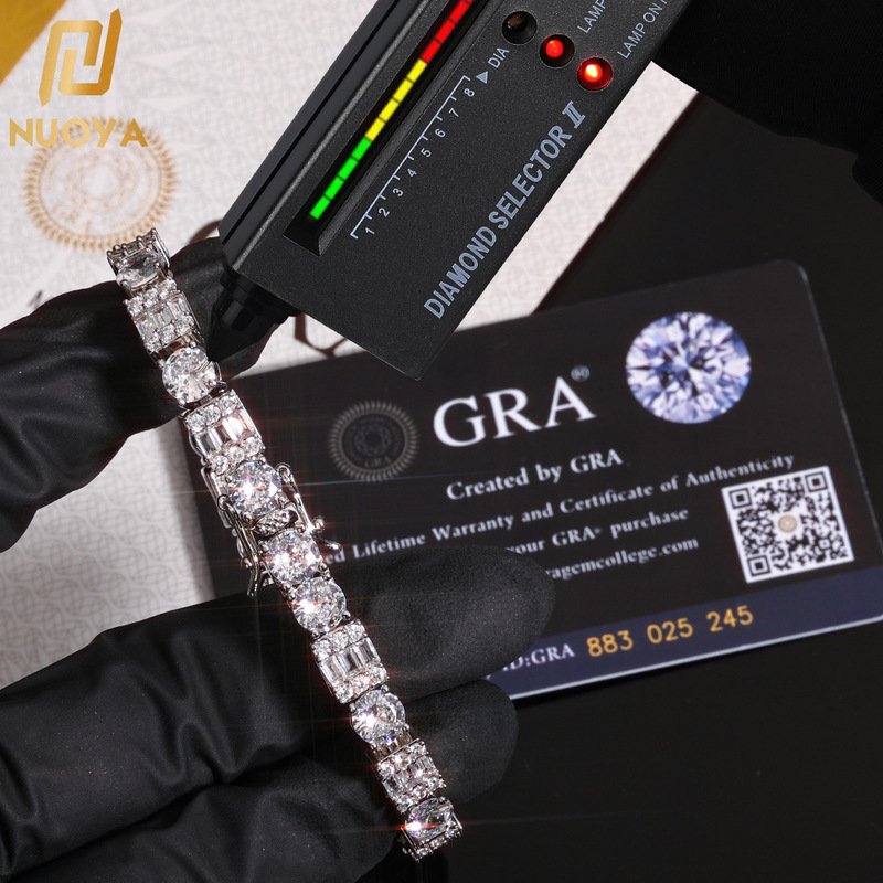 European and American Hip-Hop Cross-Border S925 Silver 6.5mm Clasp Square Round Moissanite Tennis Chain High-End Bracelet Custom-Made