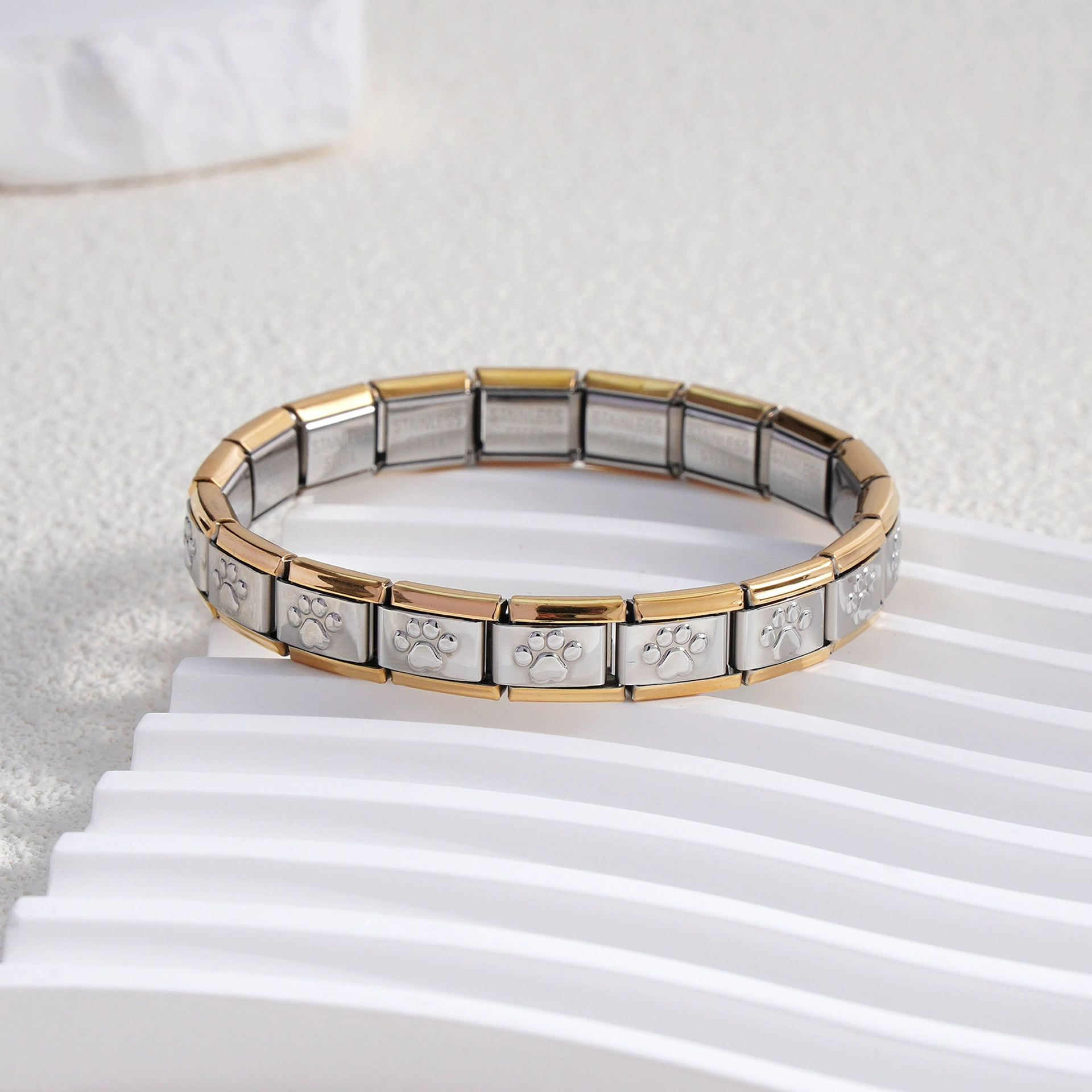 stainless steel bracelet, removable elastic link watch strap, italian european style, assorted charms