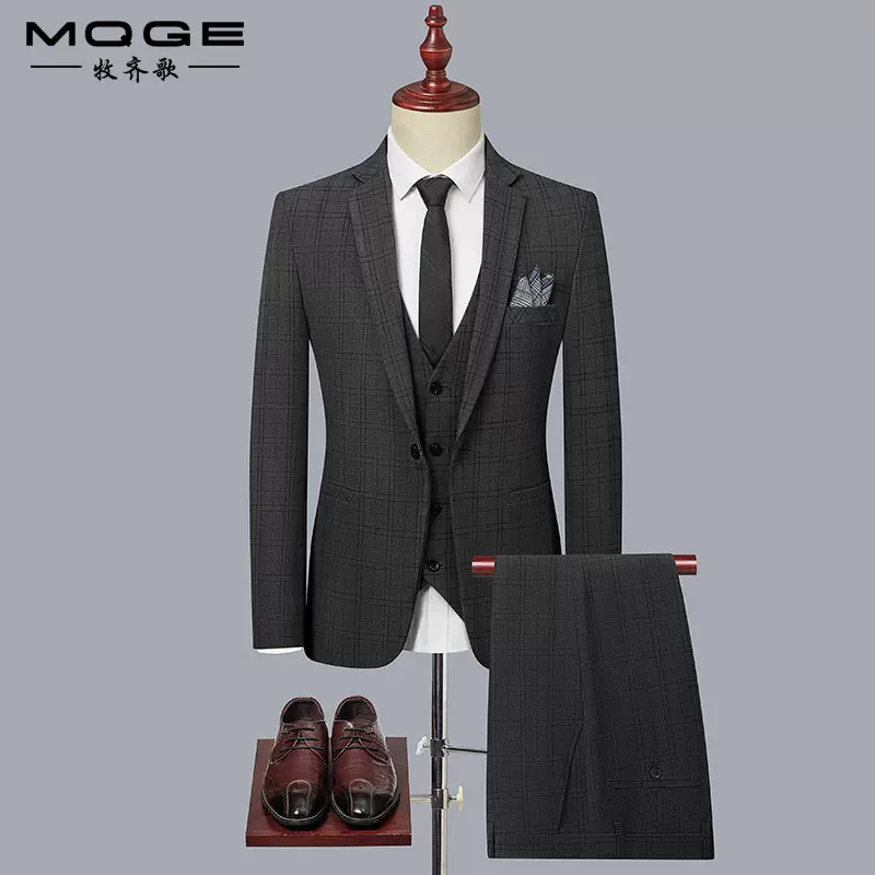 格子西装男套装新郎礼服韩版潮流帅气修身三件套商务休闲西服正装