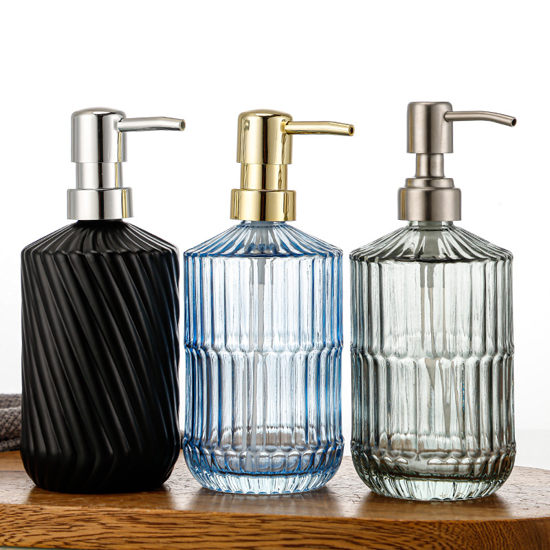 Inventario de lujo nórdico transparente estriado vertical presión cabeza de bomba botella de jabón de gel de baño botella de vidrio