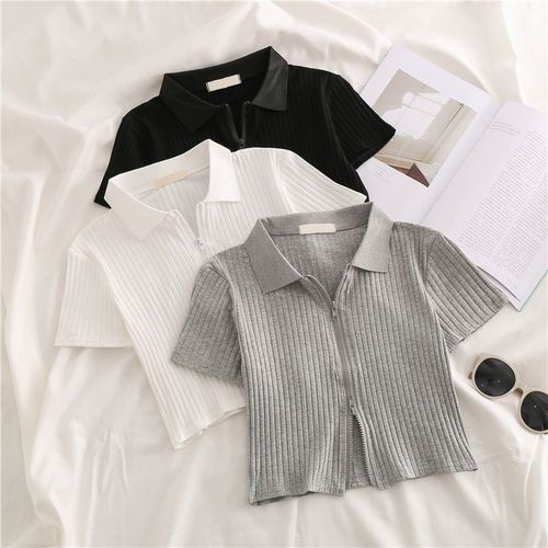 Kids' POLO-Neck Striped T-Shirt for Girls | Summer High-Waisted Cropped Top with Navel-Baring Design | Slim-Fit Half-Sleeve Style in Hong Kong Fashion⏤⏤