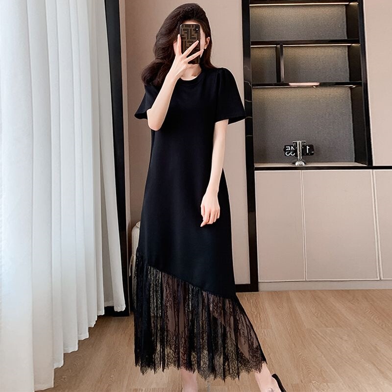 Extra Long Lace Patchwork Dress for Women, New Summer Style, Super Fairy-Like, Age-Reducing, Slimming, Over-The-Knee Long Dress