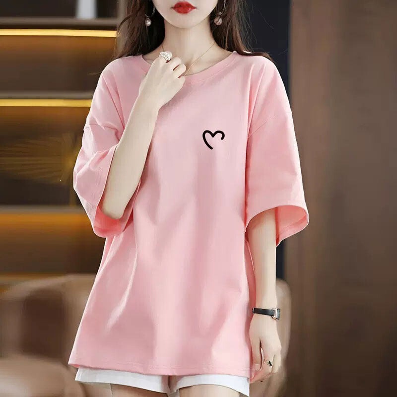 Heart-Shaped Summer Simple Pink Round-Neck Xinjiang Cotton Short-Sleeve Thin Versatile Casual Loose Slimming T-Shirt for Women Heart-Shaped Summer Simple Pink Round-Neck Xinjiang Cotton Short-Sleeve Thin Versatile Casual Loose Slimming T-Shirt for Women