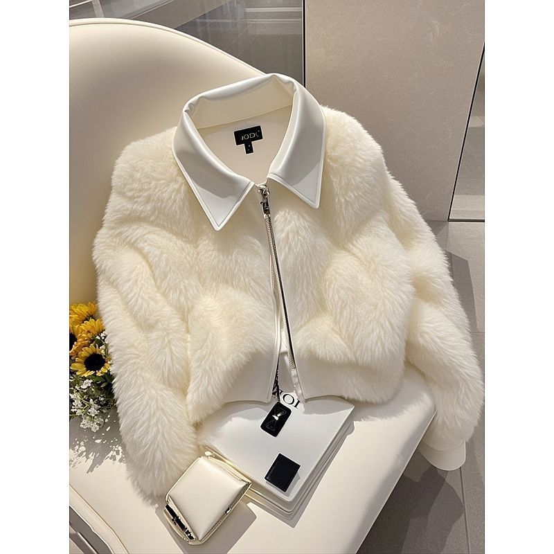 Luxury Winter White Faux Rabbit Fur Short Coat - Elegant & Cozy Women's Fleece Top For Office & Casual Wear_voghion.com