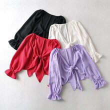 HGZ237-21款 欧美范宽松款翻领神V棉麻下摆系带长袖衬衫 上衣女