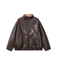 原创美式潮牌美拉德PU皮立领棉服男女冬季保暖加绒内里机车外套