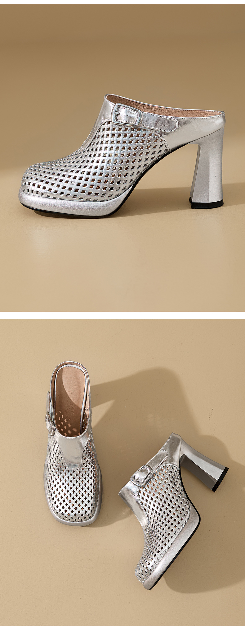 Sandal cao gót nữ mũi tròn đục lỗ, đế dày 8,5 cm, phong cách Âu Mỹ — màu vàng chi tiết 10