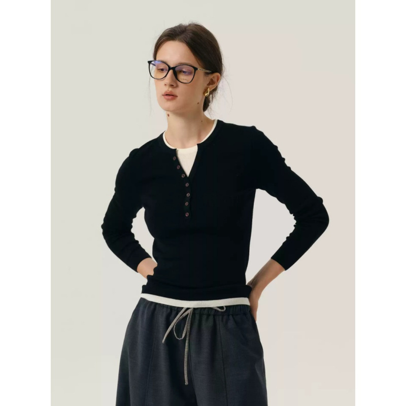 NANCYLIL faux two-piece slim-fit design wool knit sweater, round-neck top, base layer sweater for women NANCYLIL faux two-piece slim-fit design wool knit sweater, round-neck top, base layer sweater for women