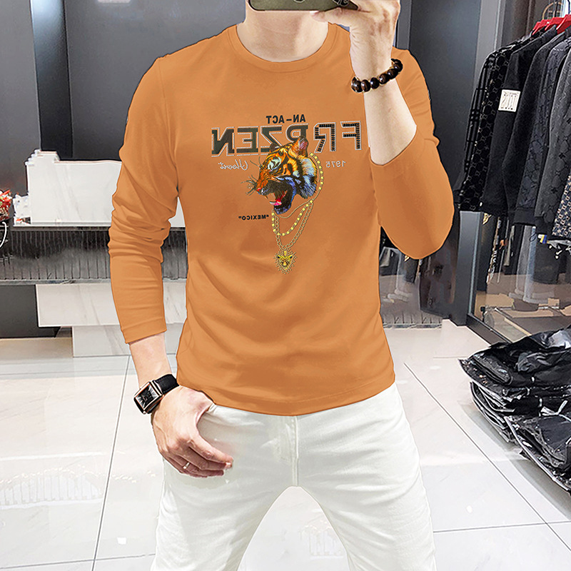 2024 Fashion Men's Spring Autumn Long Sleeve T-Shirt Tiger Head Rhinestone Men's Bottoming Shirt Round Neck Top Tees Breathable Trendy Shirt_voghion.com