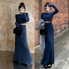 蓝色针织毛衣套装连衣裙子女装春季2025新款小香慵懒风高级感长裙
