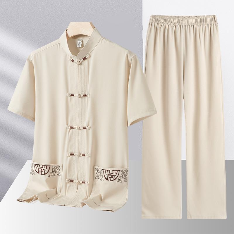Middle-aged and Elderly Tang Suit Male Grandpa Summer Suit Short-sleeved Chinese Style Two-piece Dad Suit Summer Shirt Morning Exercise Hanfu