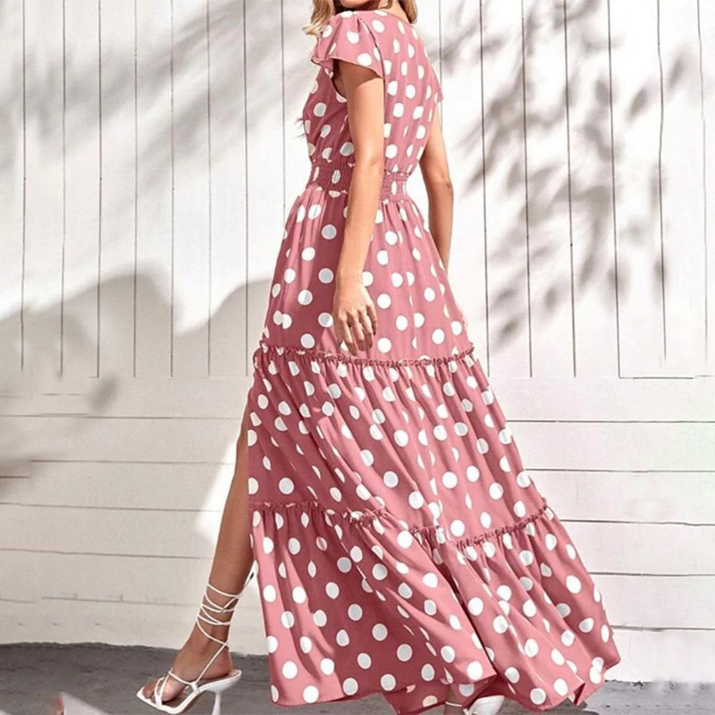 Women's A-line Skirt Elegant Classic Style V Neck Short Sleeve Polka Dots Maxi Long Dress Holiday display picture 2