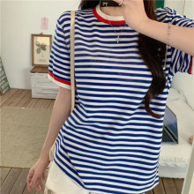 蓝色复古条纹短袖t恤女2025新款夏季学院风设计感正肩宽松上衣ins