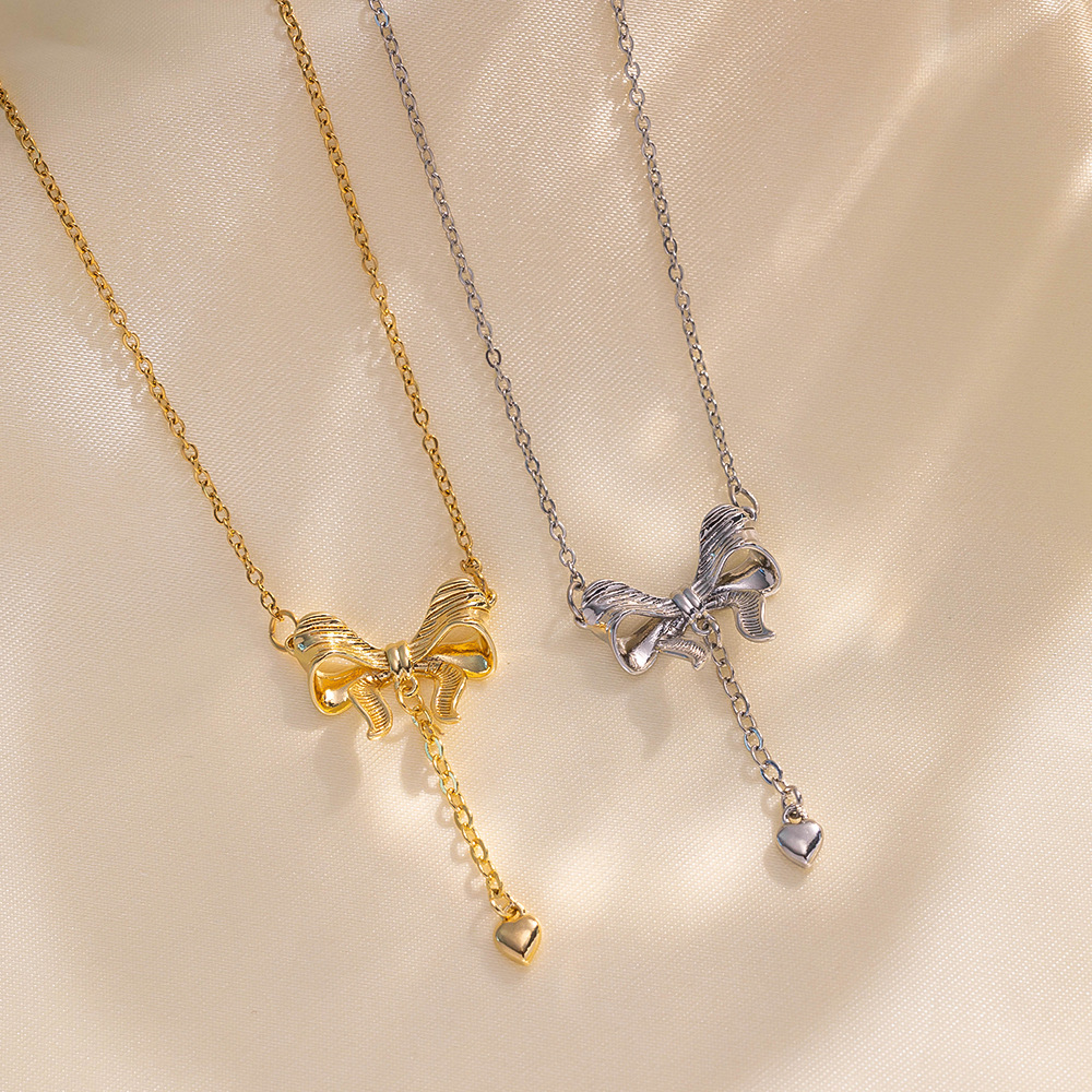 Titanium Steel Material Bow, Tassel, Heart Necklace, Car Flower Craftsmanship, Sparkling Collarbone Chain, Fugitive Princess Temperament, Versatile_voghion.com