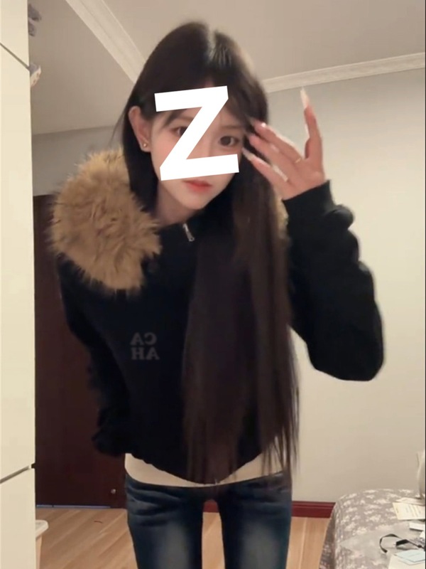 美式高街毛领连帽卫衣女装春秋季2025新款韩系慵懒风短款开衫外套|undefined