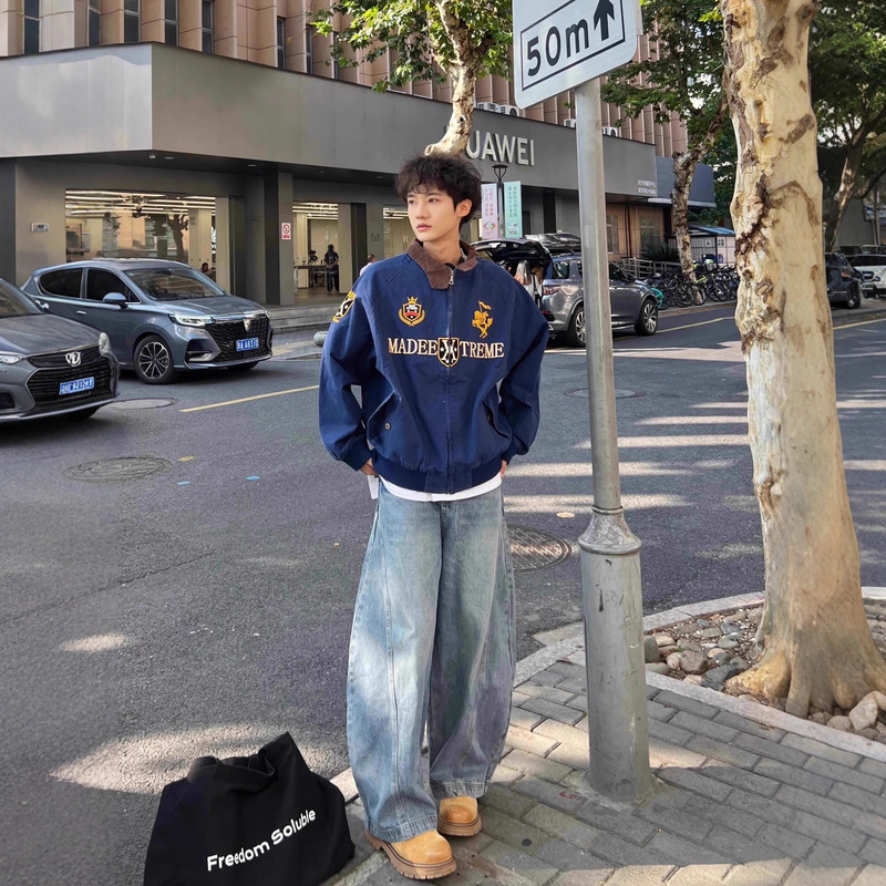 American Retro Streetwear Short Coach Jacket for Men and Women, Autumn and Winter Embroidered Melard Detroit Trendy Brand Jacket