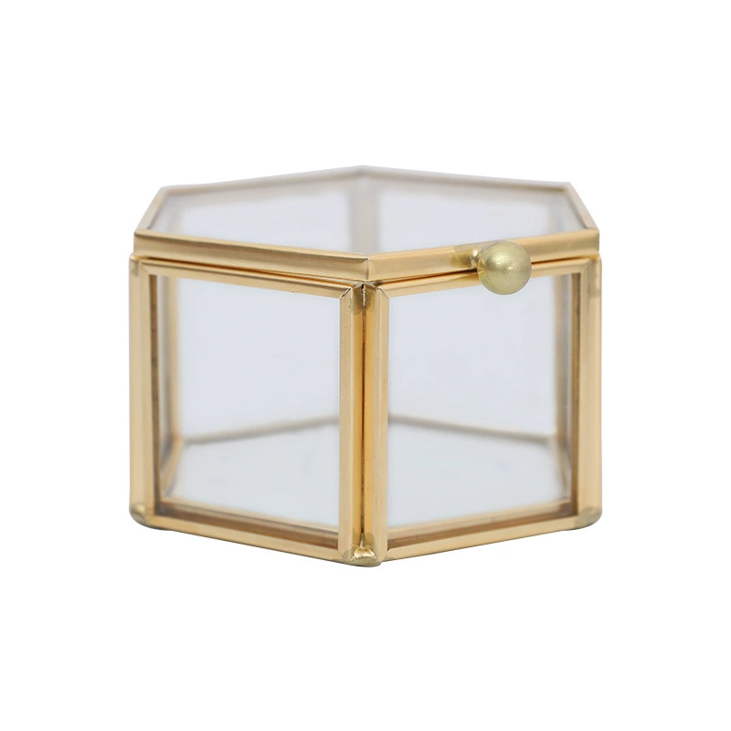 Small retro brass hexagonal glass ring, box, light luxury style