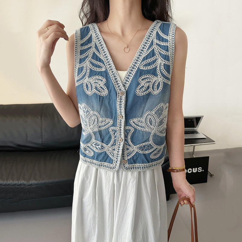 Denim Vest for Women, Summer 2026 New Style, Thin Sleeveless T-Shirt Top, Unique Heavy Embroidery Cardigan Vest