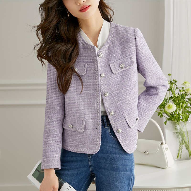 女性用の紫色の気質のシンプルな小さな香りのジャケット、春と秋のファッション、クラシックな社交界の女性、多用途のスリムなショートジャケット|undefined
