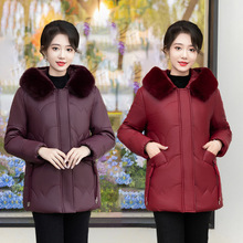 中老年女装加绒加厚PU皮棉衣2024新款妈妈装冬季中长款连帽皮棉袄