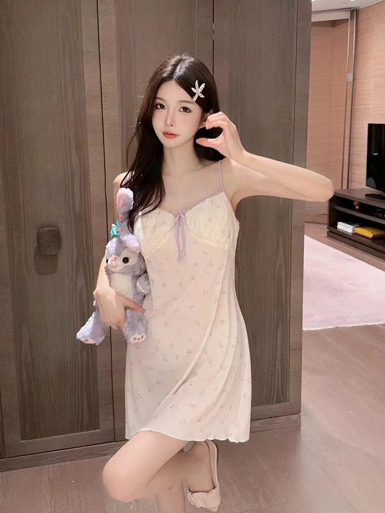 Floral Cherry Suspender Pajama Skirt Set with Chest Pad, Sheer Summer Homewear — detail image 10