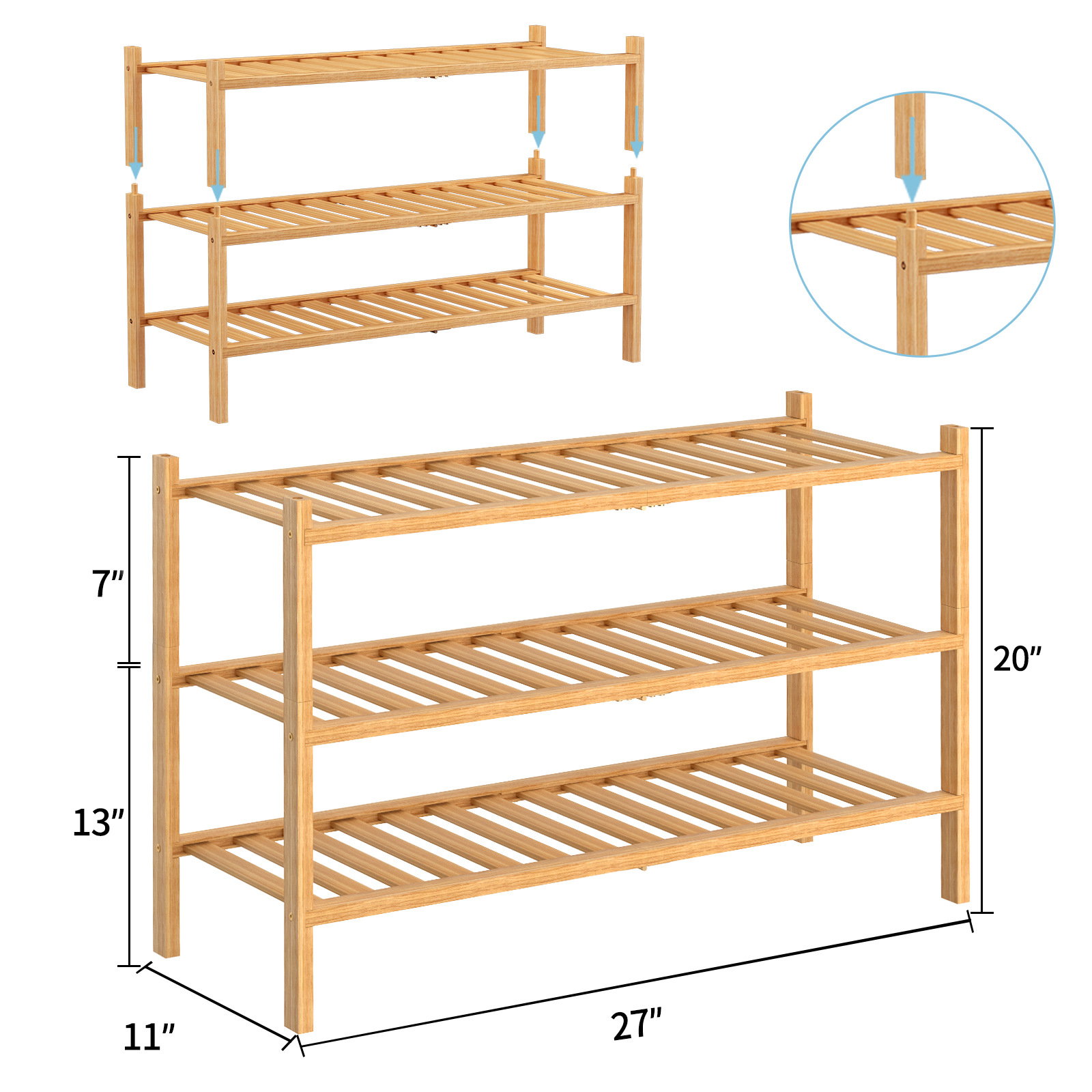 Zapatero plegable de bambú apilable, estante de almacenamiento multicapa para el hogar, ahorrador de espacio, éxito de ventas transfronterizo.