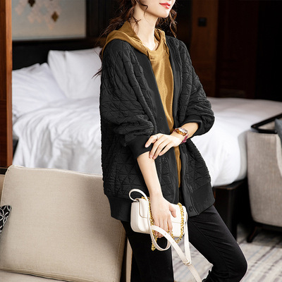 設計感菱形格褶皺外套女2023春新款韓版胖mm慵懶風V領開衫上衣