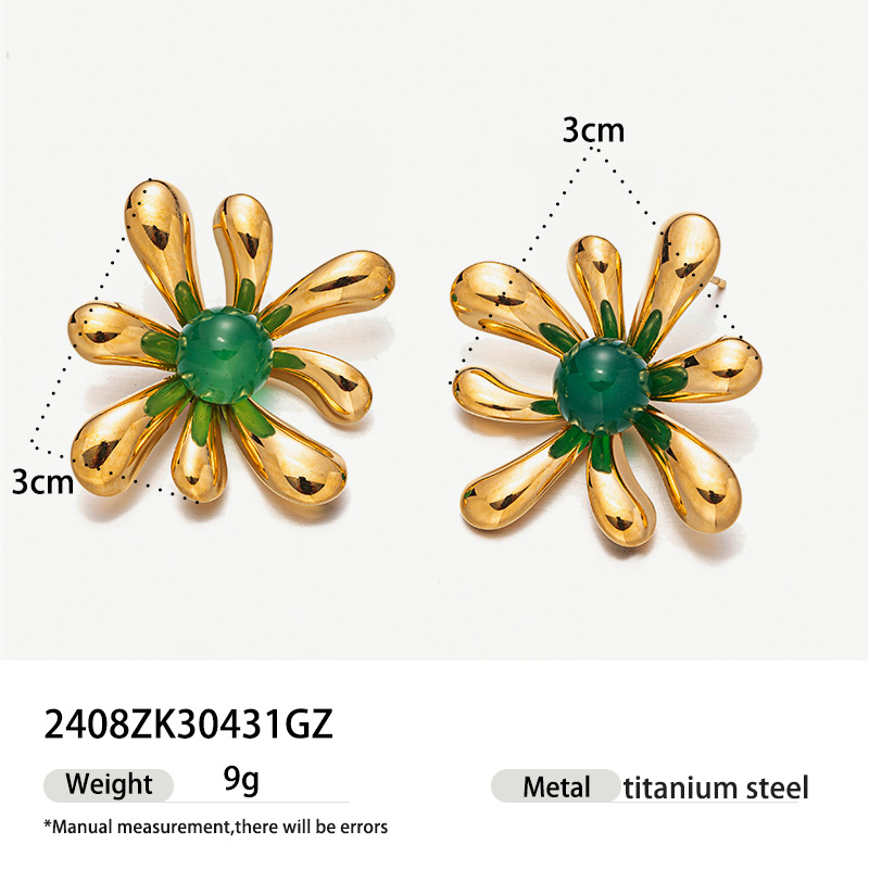 Tina transfronteriza inswind orejetas de acero inoxidable chapado 18K oro sol piedra natural delicada flores de orejetas versátiles