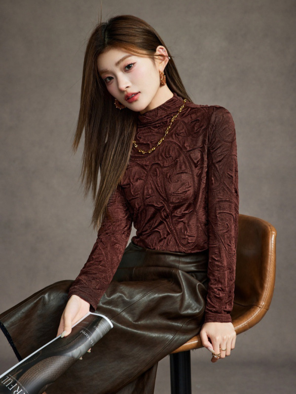 2025秋季新款立领洋气褶皱显瘦内搭长袖打底衫大码T恤女上衣批发|undefined