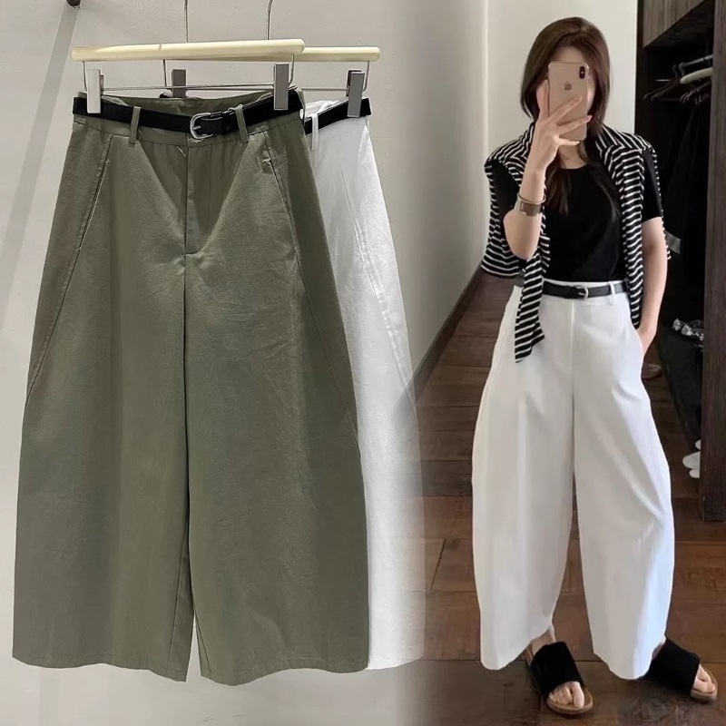 2025秋季韩版洋气九分弯刀阔腿裤女高腰简约气球裤百搭显瘦休闲裤|undefined