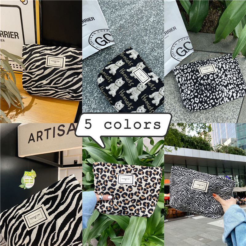 13314 Corea del Sur moda leopardo patrón cosmético bolsa de embrague de las mujeres lona conveniente lavado bolsa de almacenamiento al por mayor