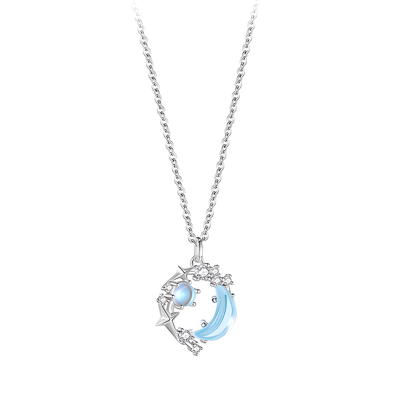 Star Moon Collar Mujer Luz Lujo Verano Diseño Sentido Estrella Estrella Luna Colgante Titanio Acero Dulce Sueño Piedra vidriada Cadena de clavícula