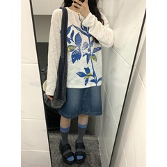 港风chi系带字母长袖t恤女早秋宽松罩衫百搭学院风松弛感上衣潮款