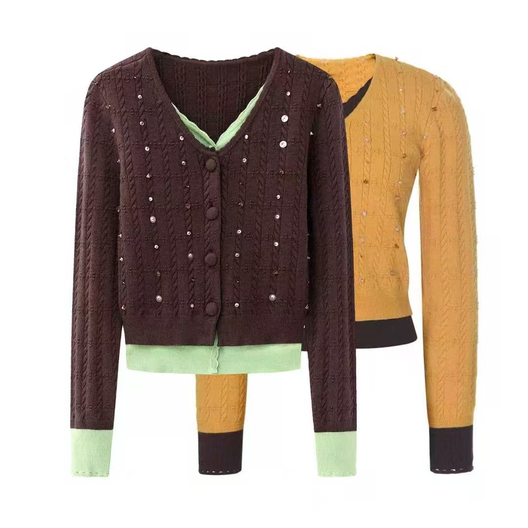 In Stock 2025 Winter New Fashion Contrasting Fake Two-Piece Double-Layer Color-Blocked V Neck Knitted Cardigan