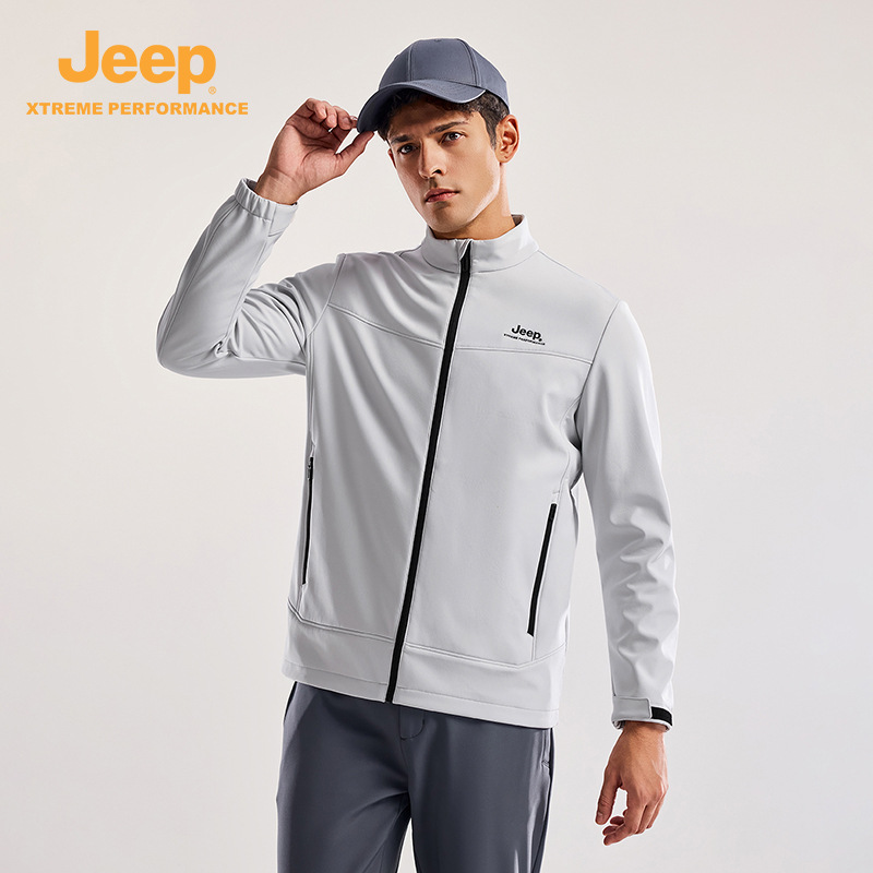 Jeep Jeep Outdoor Soft Shell Jacket Men's Windproof and Water-Repellent Stand-Up Collar Jacket Hiking Fleece Warm and Breathable Mountaineering Jacket