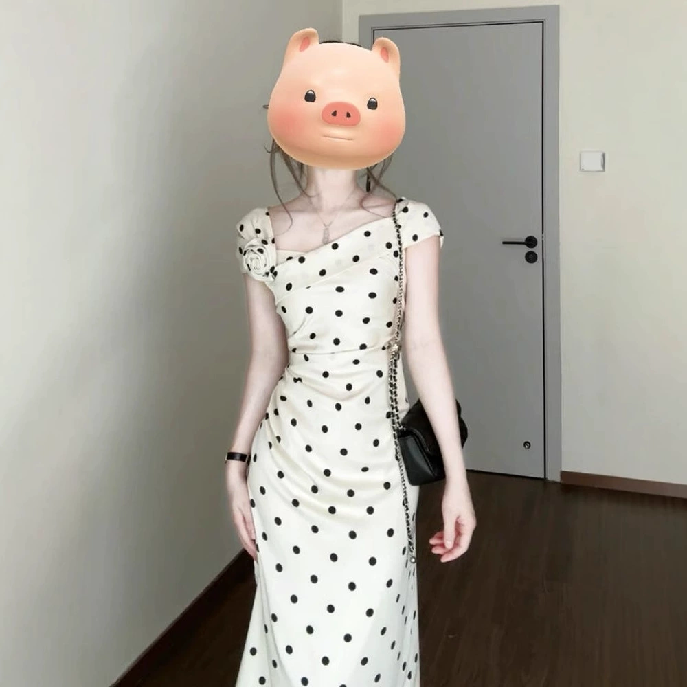 Женское летнее платье в белый горошек, французский стиль, 2025 года, новое, с цветочным стерео принтом, закрывающее талию и бедра, длинная юбка