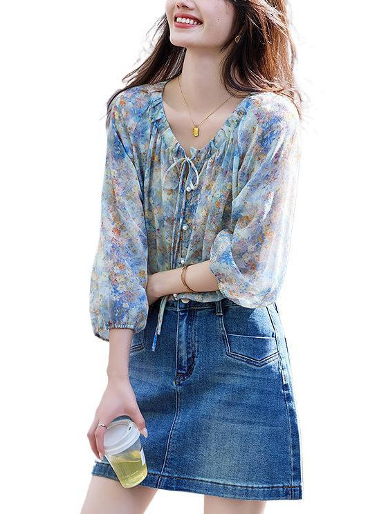 夏ゆったりスリムVネックシックで美しいサンシェードシャツトップスフレンチフローラルシフォン通勤シャツ女性用|undefined
