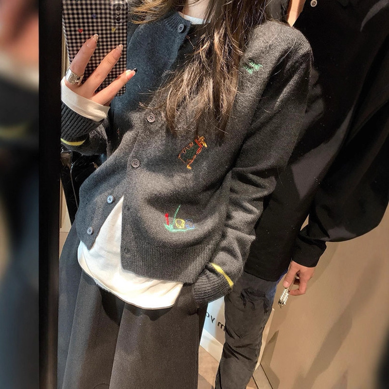 Korean Autumn and Winter New Style Embroidered Cartoon Long-Sleeved Round Neck Loose Knitted Cardigan Top Lazy Style Women's Sweater